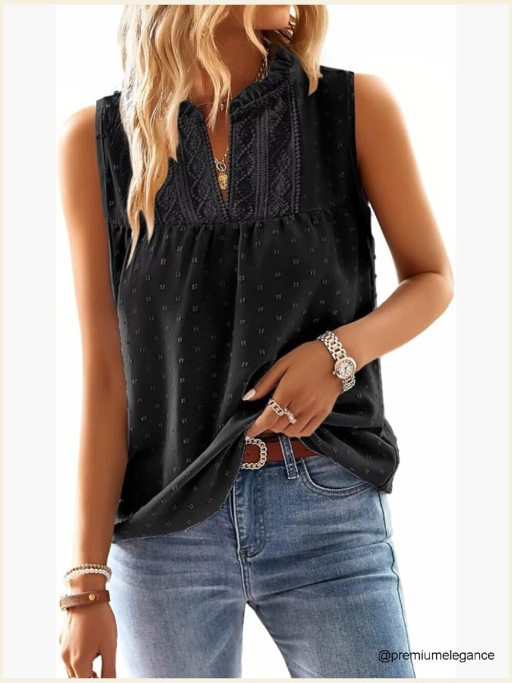 Sleeveless V-Neck Swiss Dot Blouse Boho Flowy Tank Top